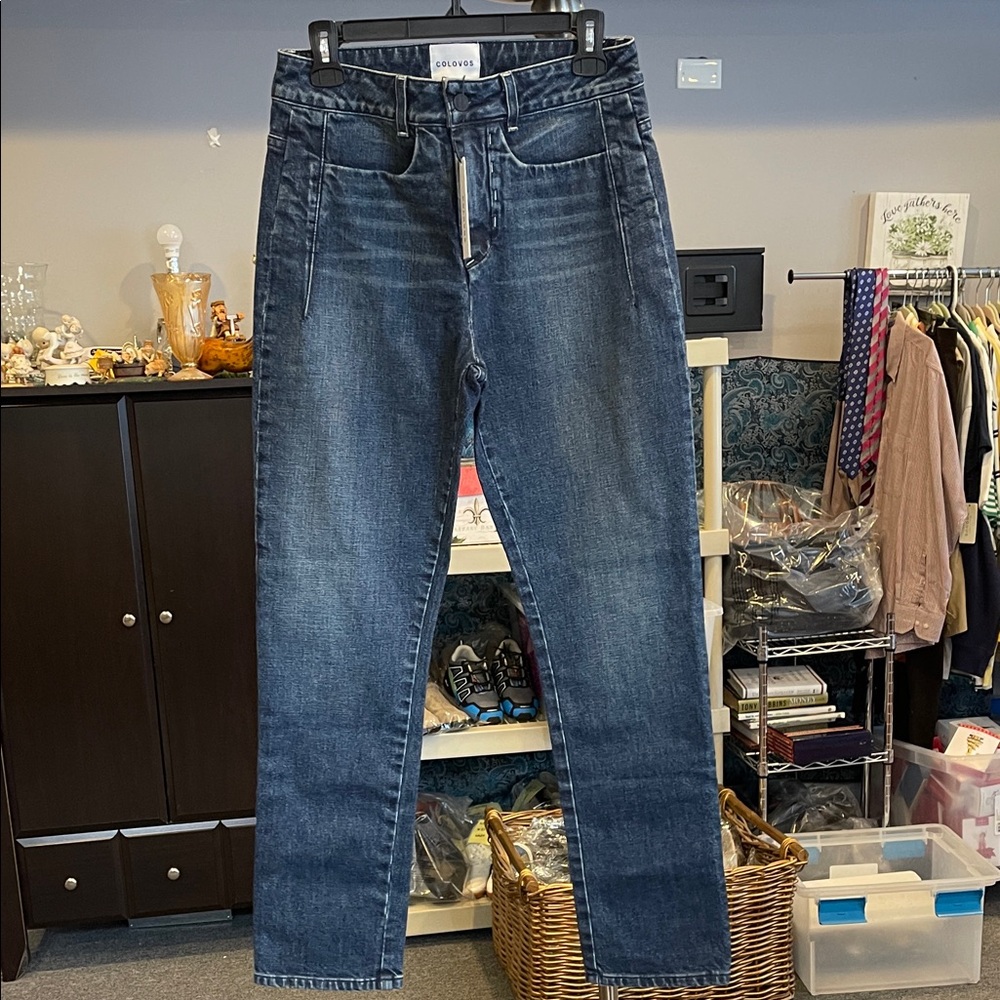 NWT Colovos Mid Rise Straight Leg Designer Jeans Medium Fade Dark Wash Sz 29 USA